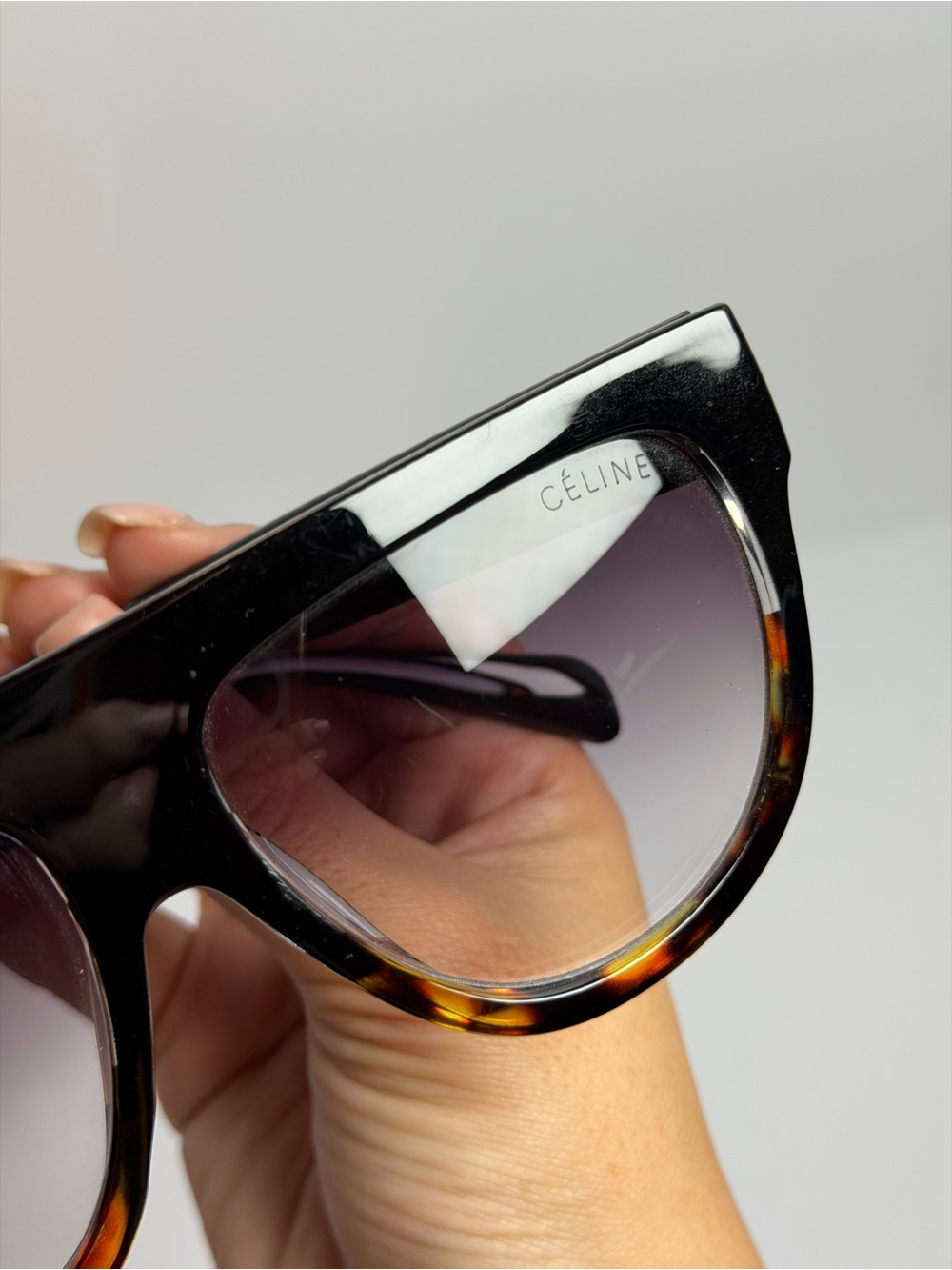 Celine Shadow CL41026/S Sunglasses Black Flat Top Frame/Tortoise Shell Bottom - Picture 8 of 11